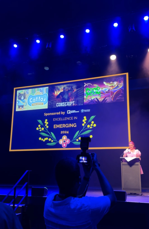 Pond Scum displayed at the 2024 Australian Game Developer Awards ceremony