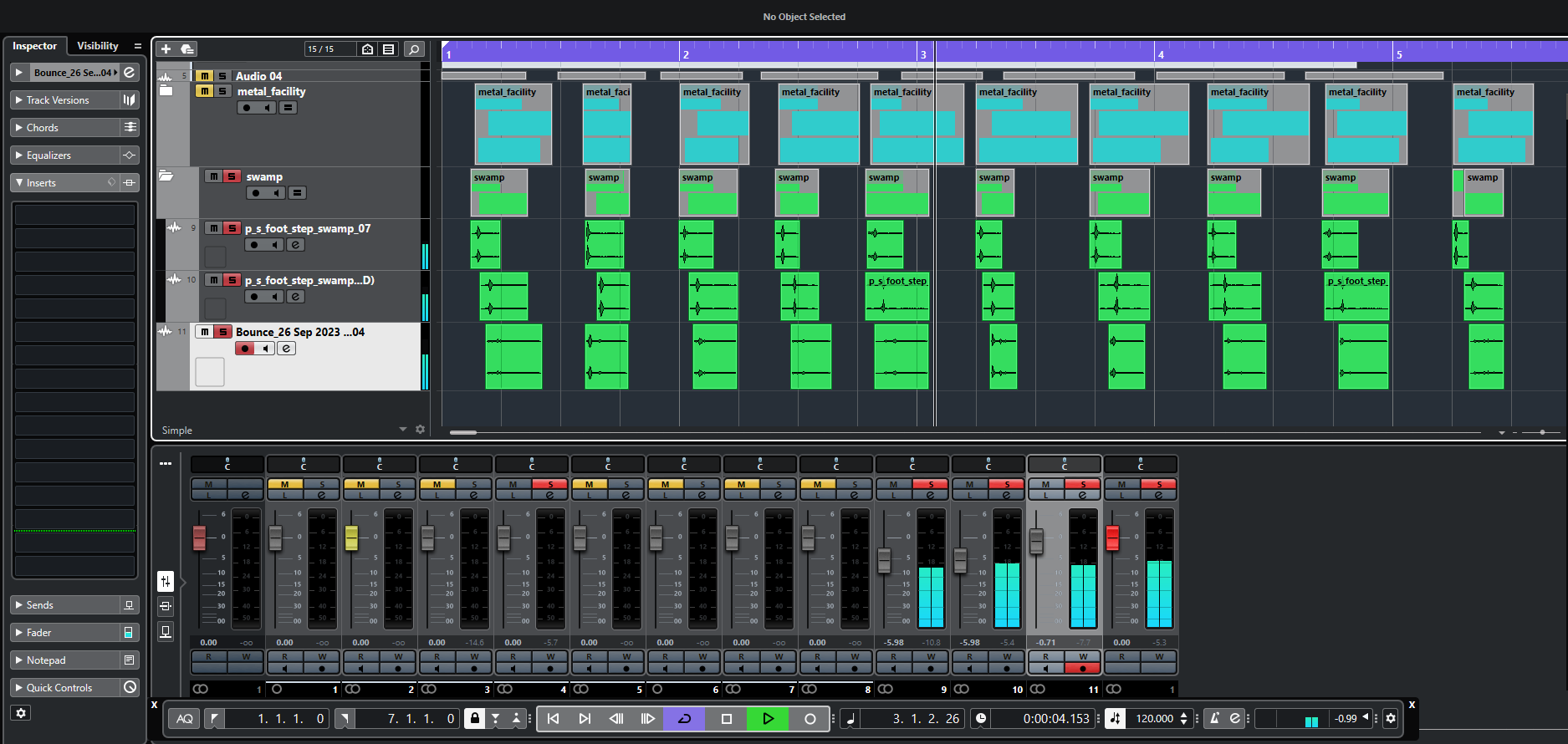 Layered swamp footstep sound design session in Cubase