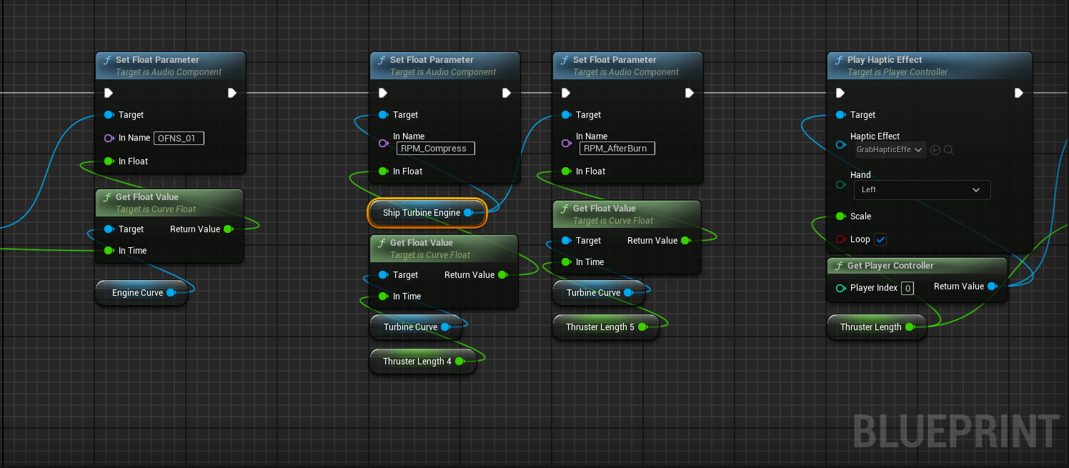 Unreal Engine Blueprint controlling procedural ship engine audio